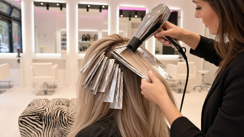Friseurin föhnt blondes Haar mit eingelegten Strähnchen-Folien in einem weißen Salon mit Zebra-Sitzbank – Balayage & AirTouch bei Magali Coiffeur Berlin
