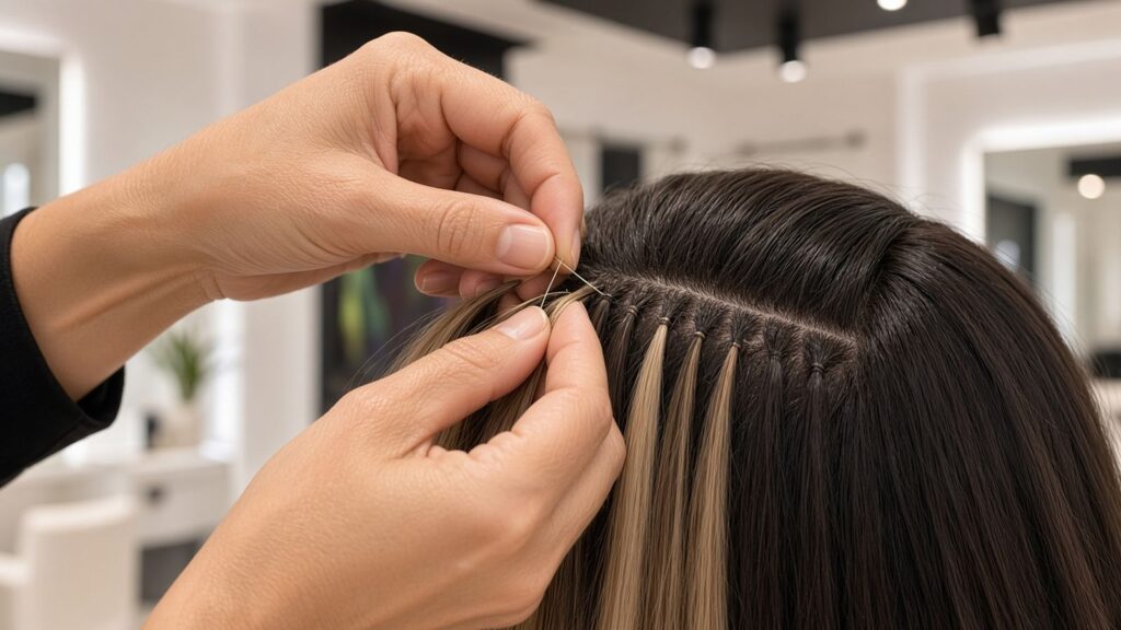 Hände knüpfen hellbraune Echthaar-Strähnen mit einem feinen Faden in dunkles Haar, im Hintergrund ein heller Friseursalon – Brasilianische Haarverlängerung bei Magali Coiffeur Berlin