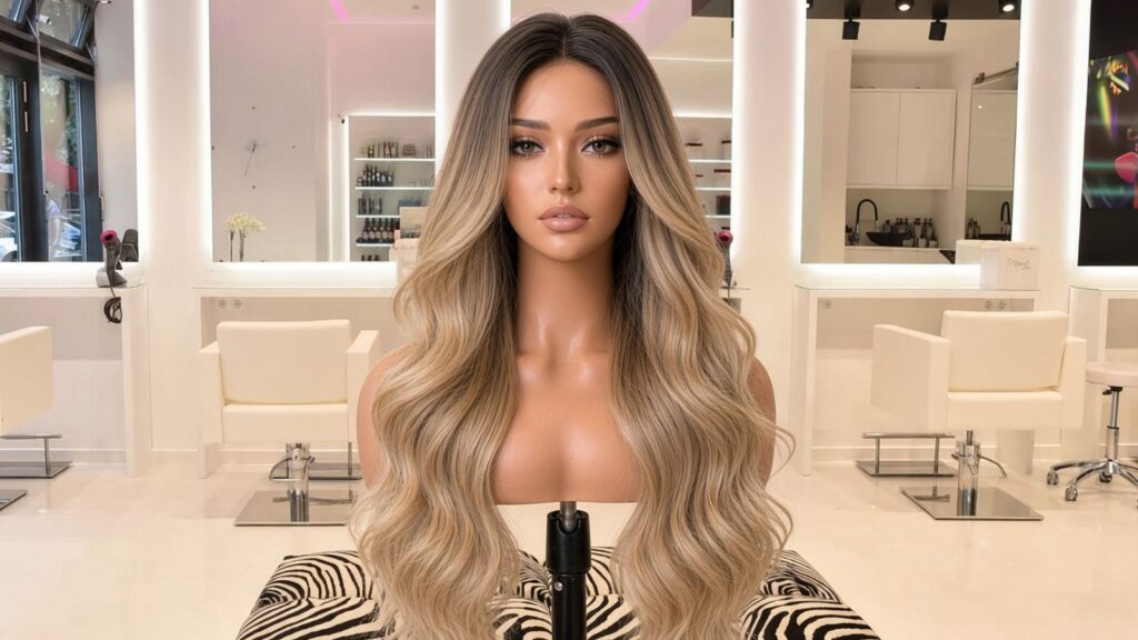 Lange, gewellte Echthaar-Perücke in Blond mit dunklem Ansatz auf einem Puppenkopf im Salon – Echthaar-Perücke bei Magali Coiffeur Berlin