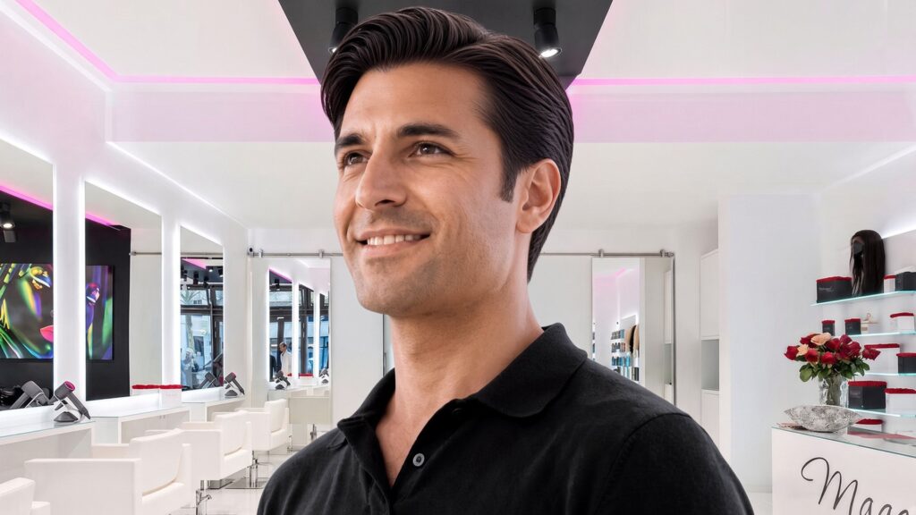 Mann mit kurzem dunklem Haarschnitt im hellen Salon von Magali Coiffeur am Kurfürstendamm, Berlin