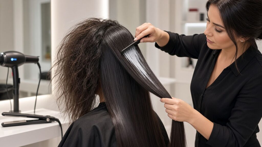 Friseurin in Schwarz kämmt eine Keratin-Behandlung durch langes, dunkles Haar – eine Hälfte noch kraus, die andere glatt und glänzend – in einem hellen Salon – Keratin-Glättung bei Magali Coiffeur Berlin