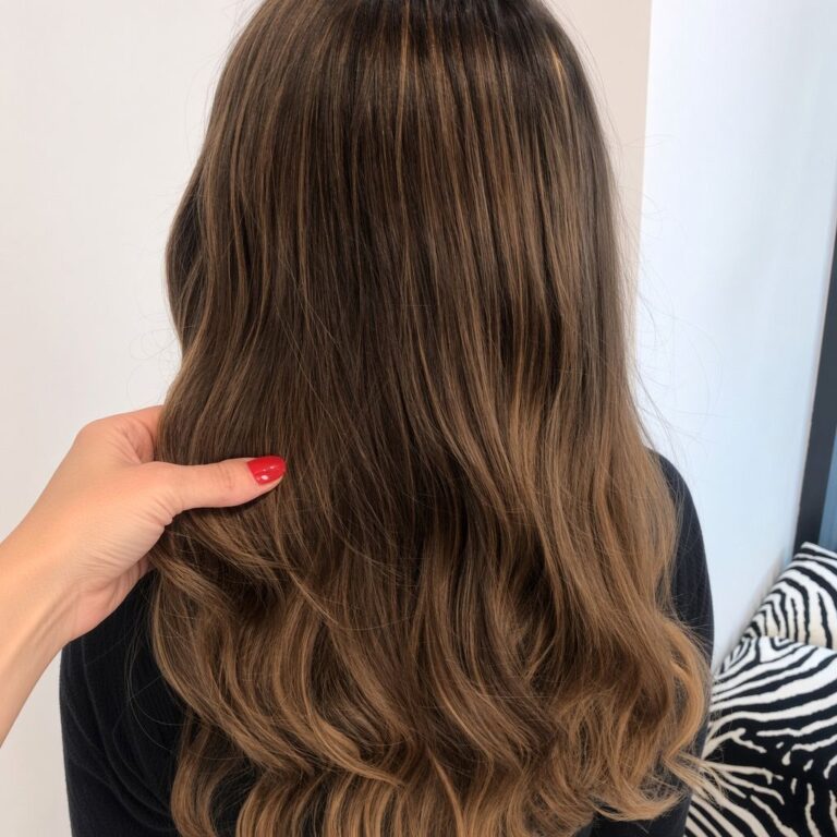 Lange, leicht gewellte braune Haare mit karamellfarbenen Längen und Spitzen, Ansicht von hinten im Salon – Magali Coiffeur Berlin