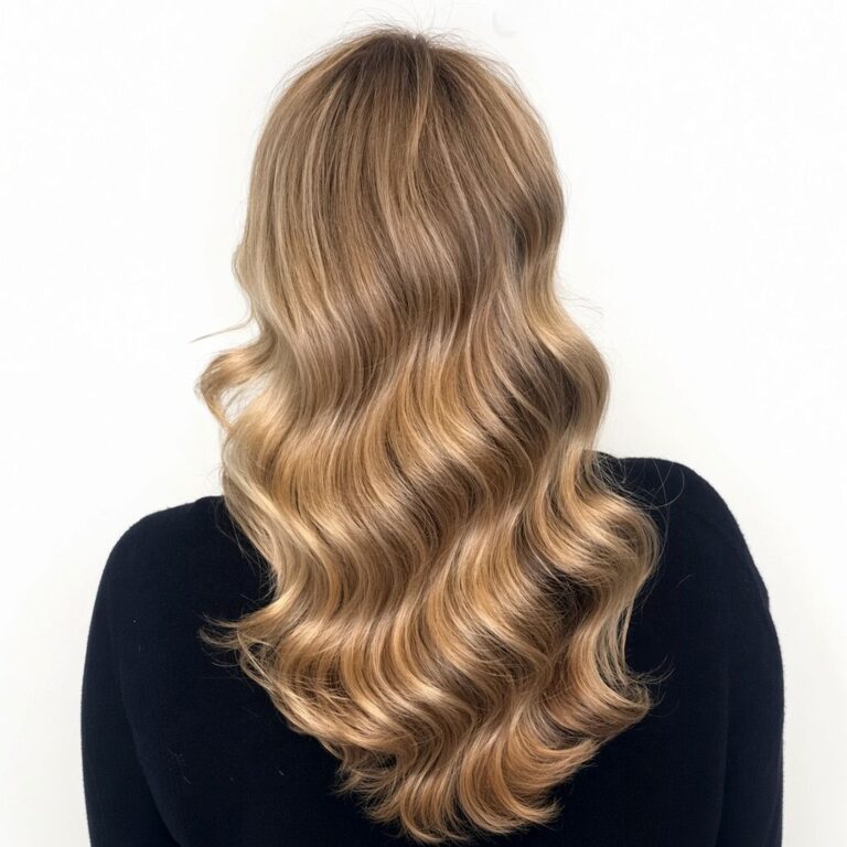 Lange, große Wellen in Goldblond mit dunklerem Ansatz, Ansicht von hinten – Magali Coiffeur Berlin