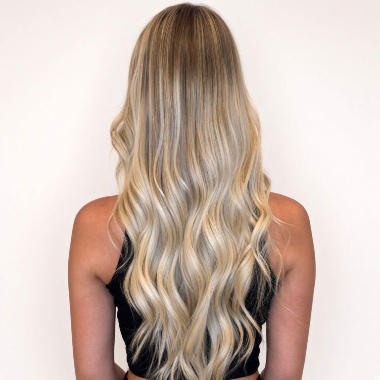 Lange, gewellte Haare mit hellblonder Balayage und dunklerem Ansatz, Ansicht von hinten – Magali Coiffeur Berlin