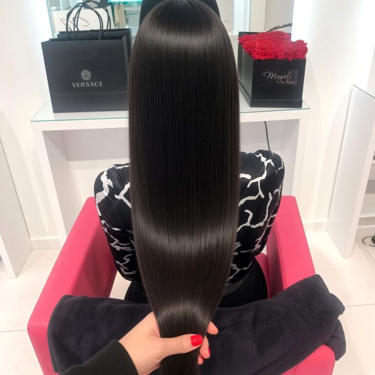 Sehr langes, glattes und glänzendes schwarzes Haar, von hinten auf einem pinkfarbenen Friseurstuhl – Magali Coiffeur Berlin
