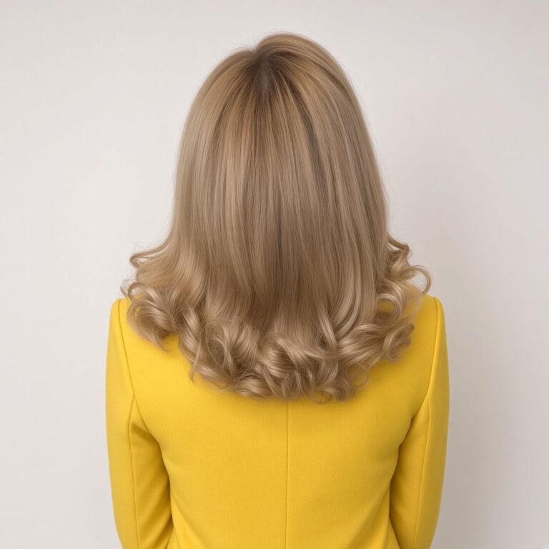 Schulterlanges dunkelblondes Haar mit nach außen geföhnten Wellen in den Spitzen, Ansicht von hinten – Magali Coiffeur Berlin