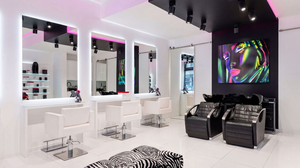 Heller, moderner Friseursalon mit weißen Friseurstühlen vor beleuchteten Spiegeln, schwarzen Waschplätzen, einem farbigen Wandbild und einer Sitzbank im Zebramuster – Salon Magali Coiffeur am Kurfürstendamm in Berlin