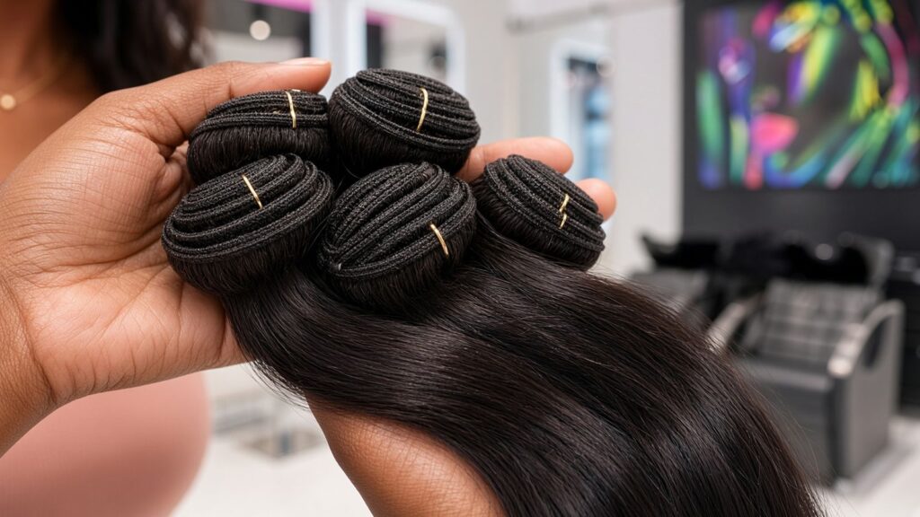 Hand hält fünf Bündel dunkler, glatter Echthaar-Tressen in einem Friseursalon – Echthaar bei Magali Coiffeur Berlin